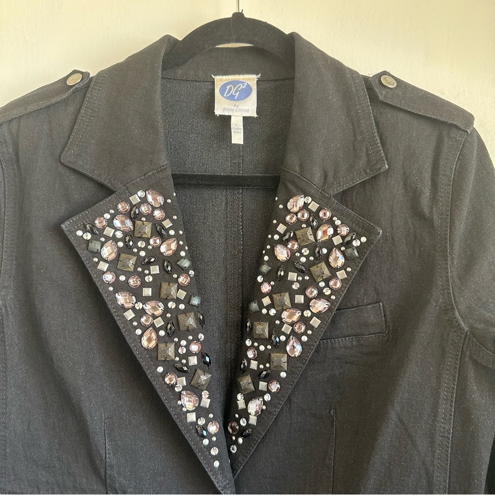 Diane Gilman Black Denim Blazer with Embellished Lapel  Sz Large - Picture 2 of 9